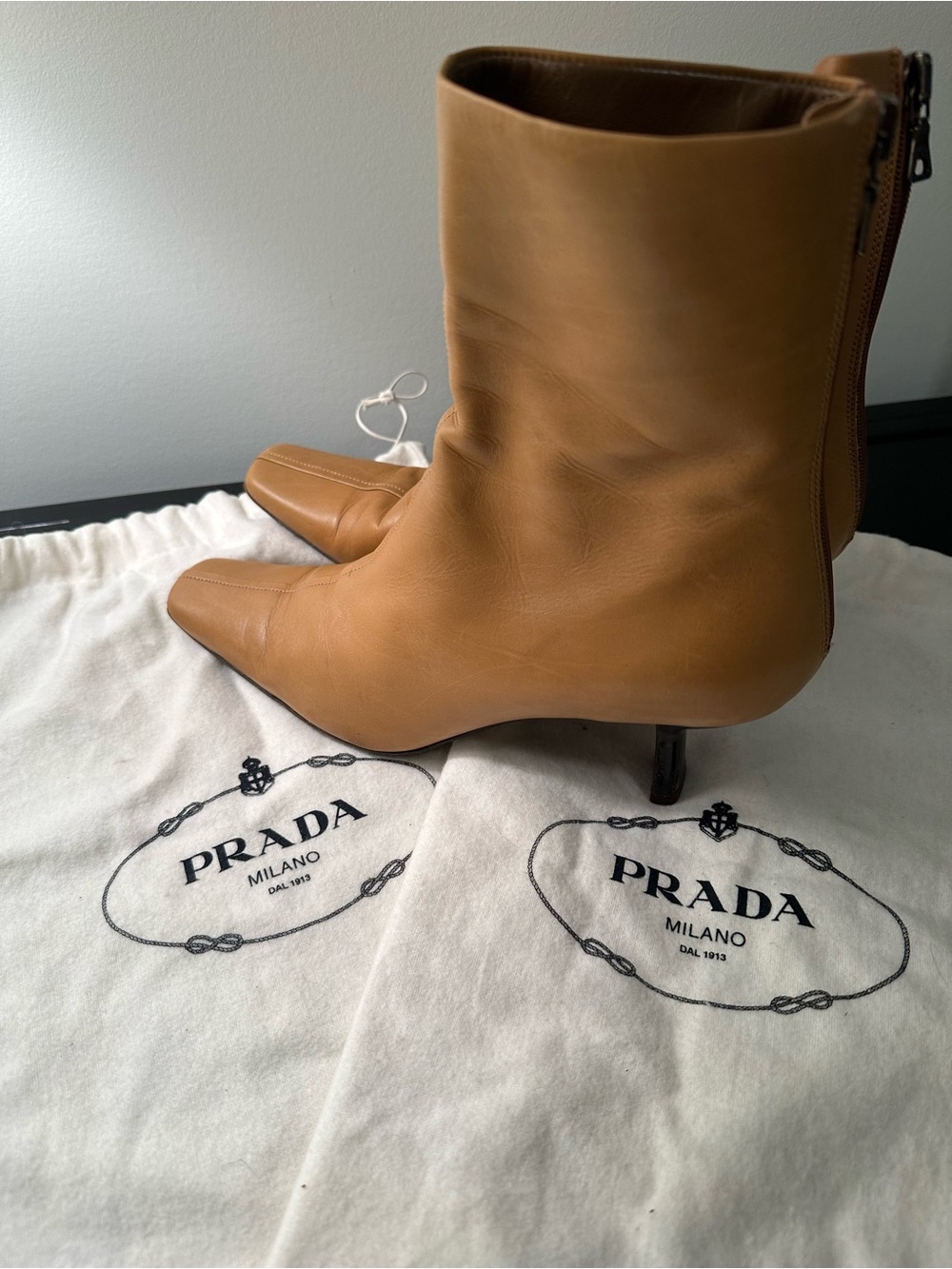 Prada Tan Leather Square-Toe Ankle Boots with original dust bags